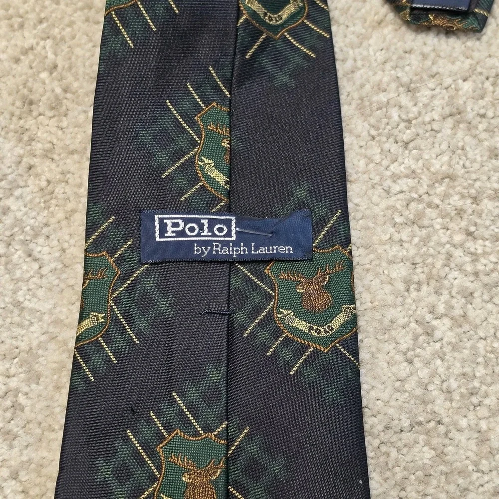 VTG Polo Ralph Lauren Silk Tie Navy Green Deer Crest Hunting Novelty Made in USA